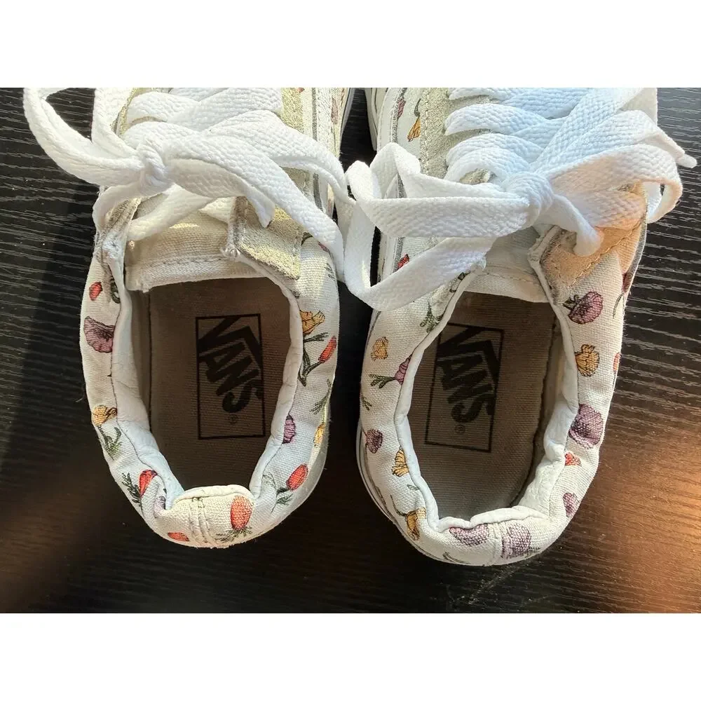 Vans Old Skool Floral Sneakers Womens Size 7.5 White Canvas Suede Lace Up Shoes